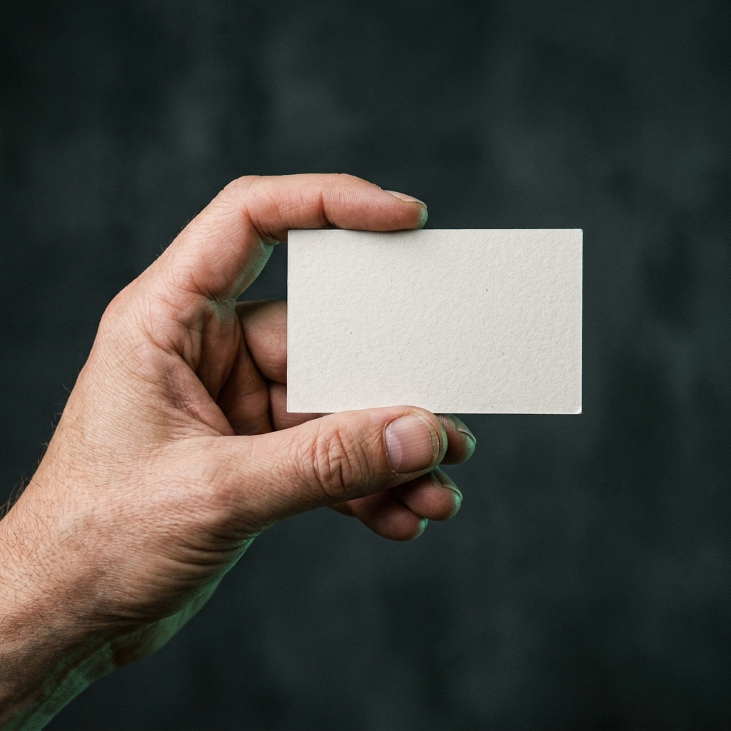 Eine Hand hält eine kleine unbedruckte Papierkarte vor dunklem Hintergrund.